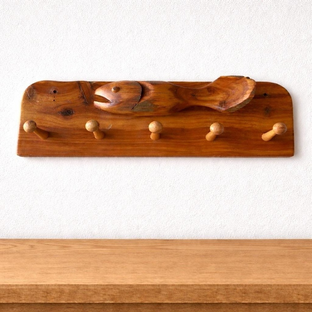 Carved Wood Fish Wall Hook Rack Rustic Handmade Lake House Decor Cottagecore